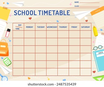 School timetable, student week schedule template.