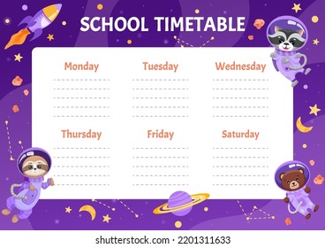 School timetable for students or pupils with astronaut animals in space suits. Schedule template with spaceships, planets, moon with stars. Cartoon vector illustration for kids