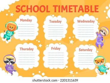 School timetable for students or pupils with astronaut animals in space suits. Schedule template with spaceships, planets, moon with stars. Cartoon vector illustration for kids