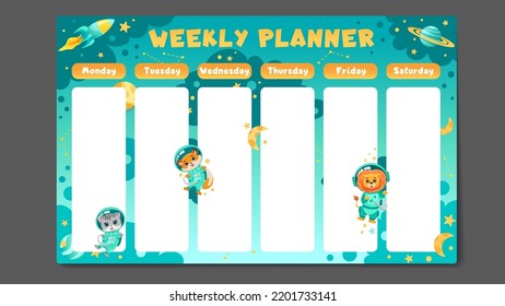 School timetable for students or pupils with astronaut animals in space suits. Schedule template with spaceships, planets, moon with stars. Cartoon vector illustration for kids