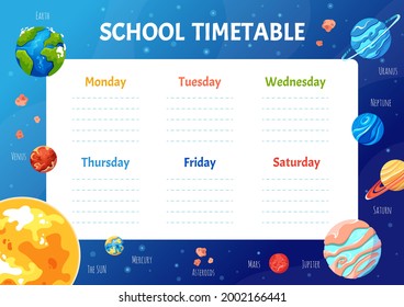 School timetable for students or pupils with solar system planets. Schedule template on a blue background with space for subjects with stars. Cartoon vector illustration for kids