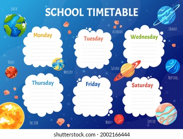 School timetable for students or pupils with solar system planets. Schedule template on a blue background with space for subjects with stars. Cartoon vector illustration for kids