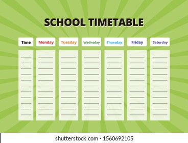 School timetable for subjects. Vector educational organizer with light green glowing background.Everyday planner. A4 scaled standard size
