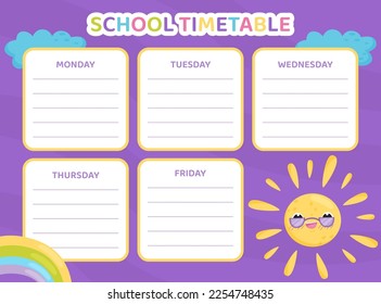 School Timetable with Sun Wearing Glasses Vector Template