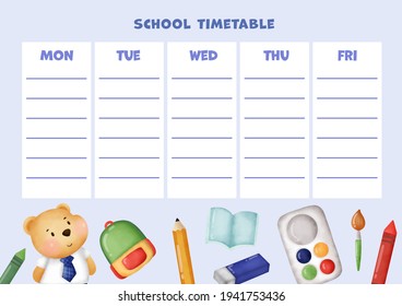 school timetable with teddy bear.
