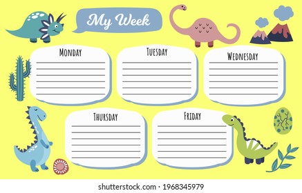 School timetable template for 5 days a week for students. Includes hand-drawn dinosaurs.