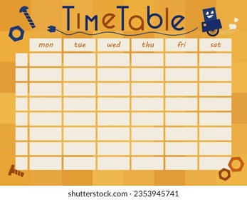 School timetable template for boys, with a cute cartoon robot, cable, bolts and nuts. Back to school schedule with space background for subjects. Vector illustration
