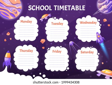 School timetable template with cartoon planets, rockets, shuttle. Back to school schedule with space background for subjects. Vector children illustration