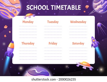 School timetable template with cartoon planets, rockets, shuttle. Back to school schedule with space background for subjects. Vector children illustration
