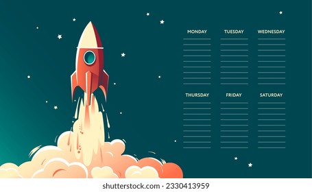 School timetable template with cartoon rocket shuttle. Back to school schedule with space background for subjects. Vector  illustration