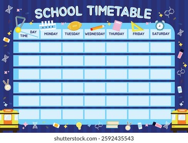 School timetable template with cartoon school supplies style. Back to school schedule for kids.