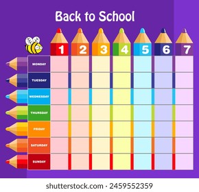 Schulfahrplan Vorlage mit bunten Stiften und Bleistiften und. Zurück zum Schulplan mit buntem Hintergrund mit einer lustigen Cartoon Biene für Fächer. Vektorillustration
