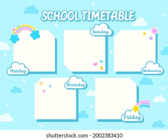 School Timetable Template design with blue sky and cloud background.