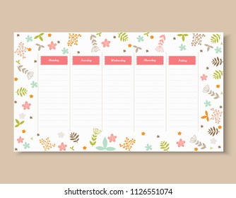 
School timetable template with flower and leaf.
