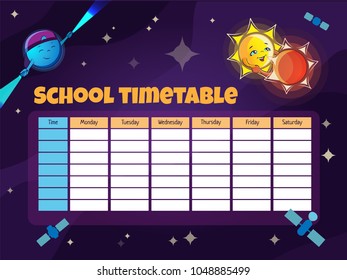 School timetable template with funny cartoon astronomical objects (Binary star, Pulsar) and satellites . Vector illustration
