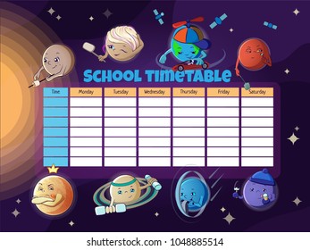 School timetable template with funny cartoon planets of the solar system. Vector illustration