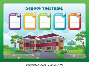 School Timetable template with indonesian school building and fresh nature landscape cartoon illustration