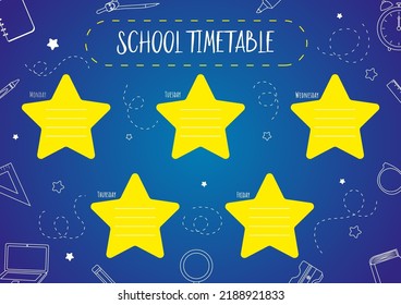 School Timetable Template For Kids With Days Of The Week And Stars. Lem=ne Art School Supplies. Weekly Planner. Schedule Design Template.