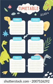 School timetable template for kids with dinosaurs in the background. Vector illustration with cute dino, to-do list