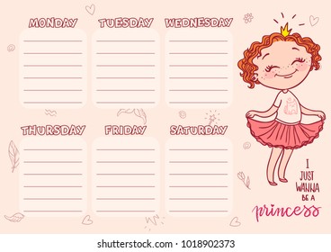 School timetable template for kids. Vector printable schedual with cartoon princess.