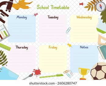 School timetable template with microscope and soccer ball for students or pupils. Vector illustration checkered background