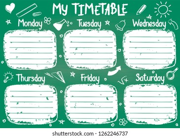 School timetable template on chalk board with hand written chalk text. Weekly lessons schedule in sketchy style decorated with hand drawn school doodles on green board.