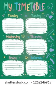 School timetable template on chalk board with hand written colored chalk text. Weekly lessons schedule in sketchy style decorated with hand drawn school doodles on green board.