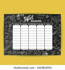 School timetable template on chalk board with hand drawn dino. Weekly lessons shedule in sketchy style decorated with doodles on blackbord.Education design hand drawn outline doodle color illustration