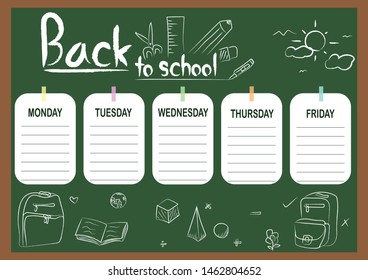 school timetable template on chalk Board, flat vector illustration.