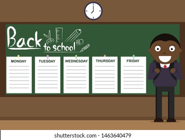 school timetable template on chalk Board, flat vector illustration.