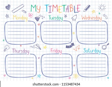 School timetable template on copy book sheet with hand written text. Weekly lessons shedule in sketchy style decorated with hand drawn school doodles.