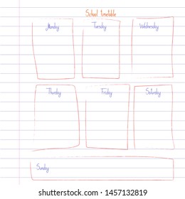 School timetable template on copy book sheet with hand written text. Weekly lessons shedule in sketchy style decorated with hand drawn school doodles.
