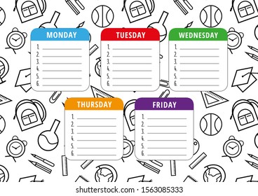 School timetable template on the monochrome repeatable background. Vector everyday planner for children with school supplies. A4 scaled standard size
