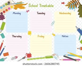School timetable template with paints, pencils and brushes for students or pupils. Vector illustration checkered background