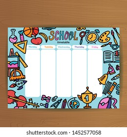 School timetable template. Pupil schedule with school supplies . Lesson plans all week. Education background - alarm clock, backpack, stationery hand drawn doodle flat illustration.