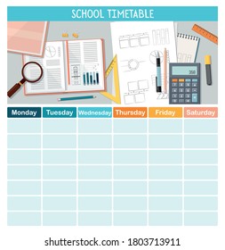 School timetable template with stationery for students or pupils. Vector Illustration