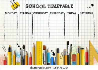 School timetable template for students or pupils. Vector Illustration