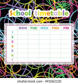 School timetable template for students and pupils. Abstract scribble background. Colorful design element. Print your timetable.