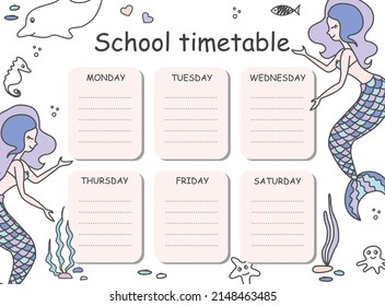 School timetable template for students or schoolchildren. Cartoon vector illustration. Mermaid design with marine life on a white background.