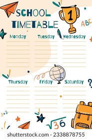 School timetable template for students or schoolchildren. Vector illustration. Hand drawn, doodle illustration