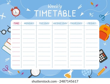 School timetable template with school supplies, alarm, books, pencil, bag. school planner. Vector illustration