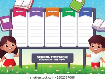 School Timetable template with two indonesian students with beautiful nature landscape