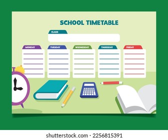School timetable template week chart, lesson schedule template with decorative alarm clock, book, pencil and more 