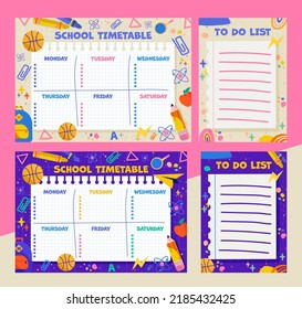 School timetable templates with to-do list. In two colors, beige and purple. Size A4. Vector illustration. Perfect for both boys and girls.