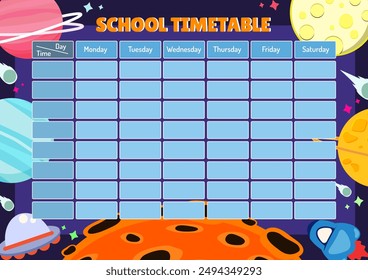 School timetable templete with space cartoon concept. Children weekly class schedule design.