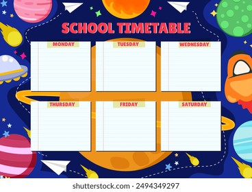 School timetable templete with space cartoon concept. Children weekly class schedule design.