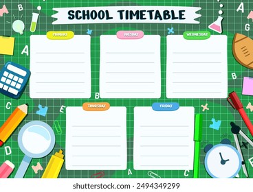 Plantilla de horario escolar, horario de clases semanales con diseño de herramientas educativas.