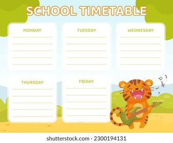 School Timetable with Tiger Playing Musical Instrument Vector Template