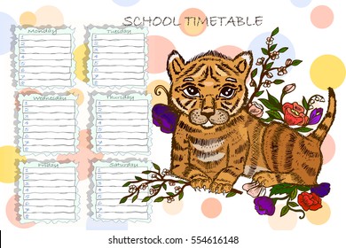 School Timetable with tiger. Schedule. Organizer and Schedule with place for Notes