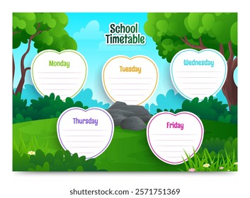 School Timetable vector background with forest themed schedule design